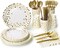 210-piece party supplies set, featuring white and gold dot paper plates, cups, napkins, and heavy-duty silverware. This set is designed to serve 30 guests, making it perfect for birthdays, graduations, weddings, and festivals, adding an elegant touch